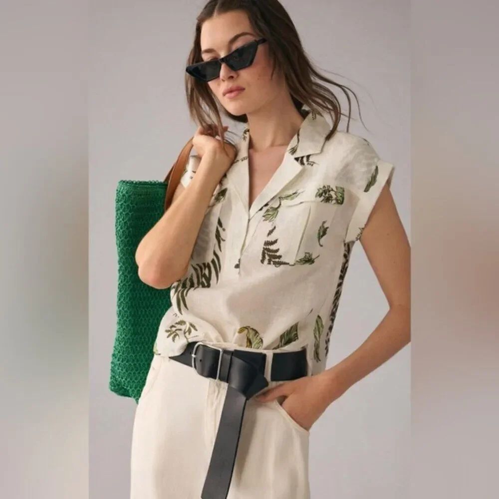 Anthropologie  Floral Motif Boxy Linen Utility Shirt